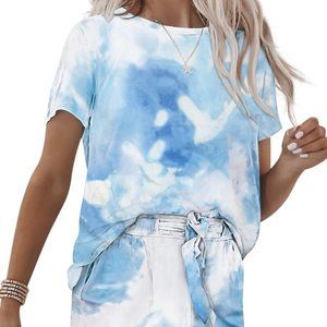 Blue & White Tie-Dye Lounge Set – Drawstring Shorts